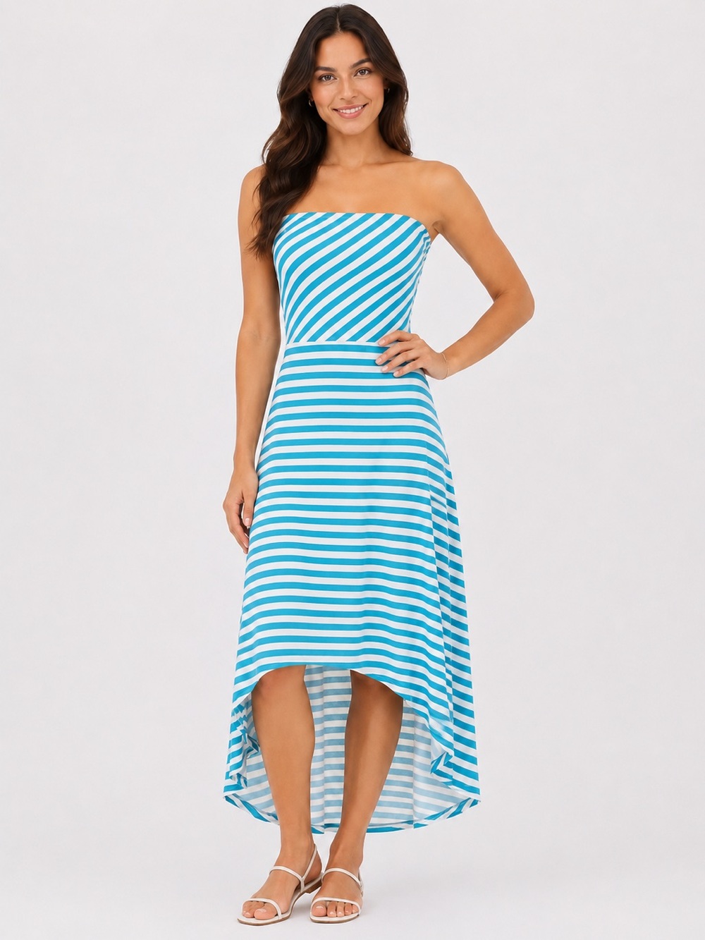5th Love Hi-Low Strapless Dress-Ice Blue/Ecru Stripe